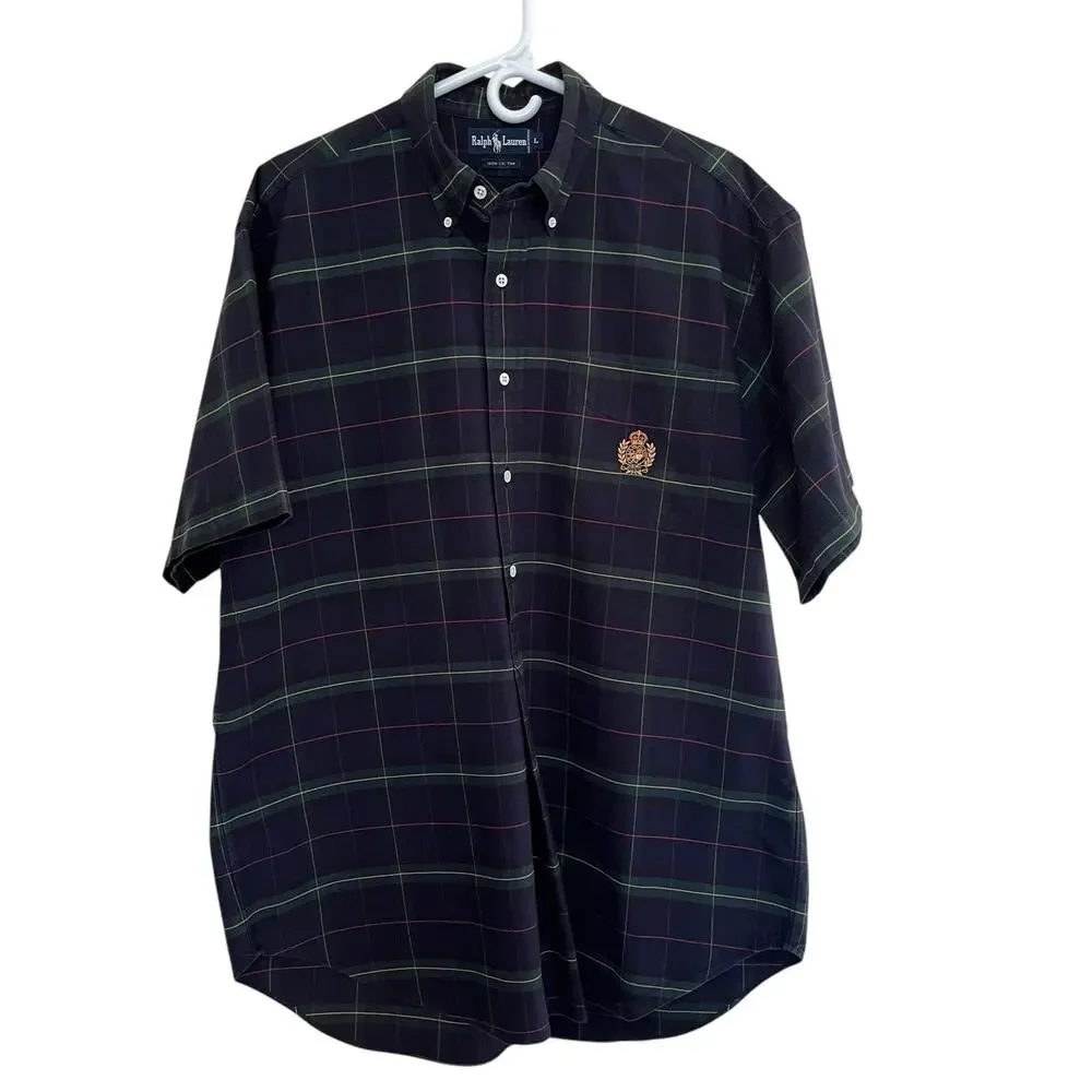 Ralph Lauren | Large Blue Green Tartan Plaid Cotton Embroidered Crest Shirt 90s